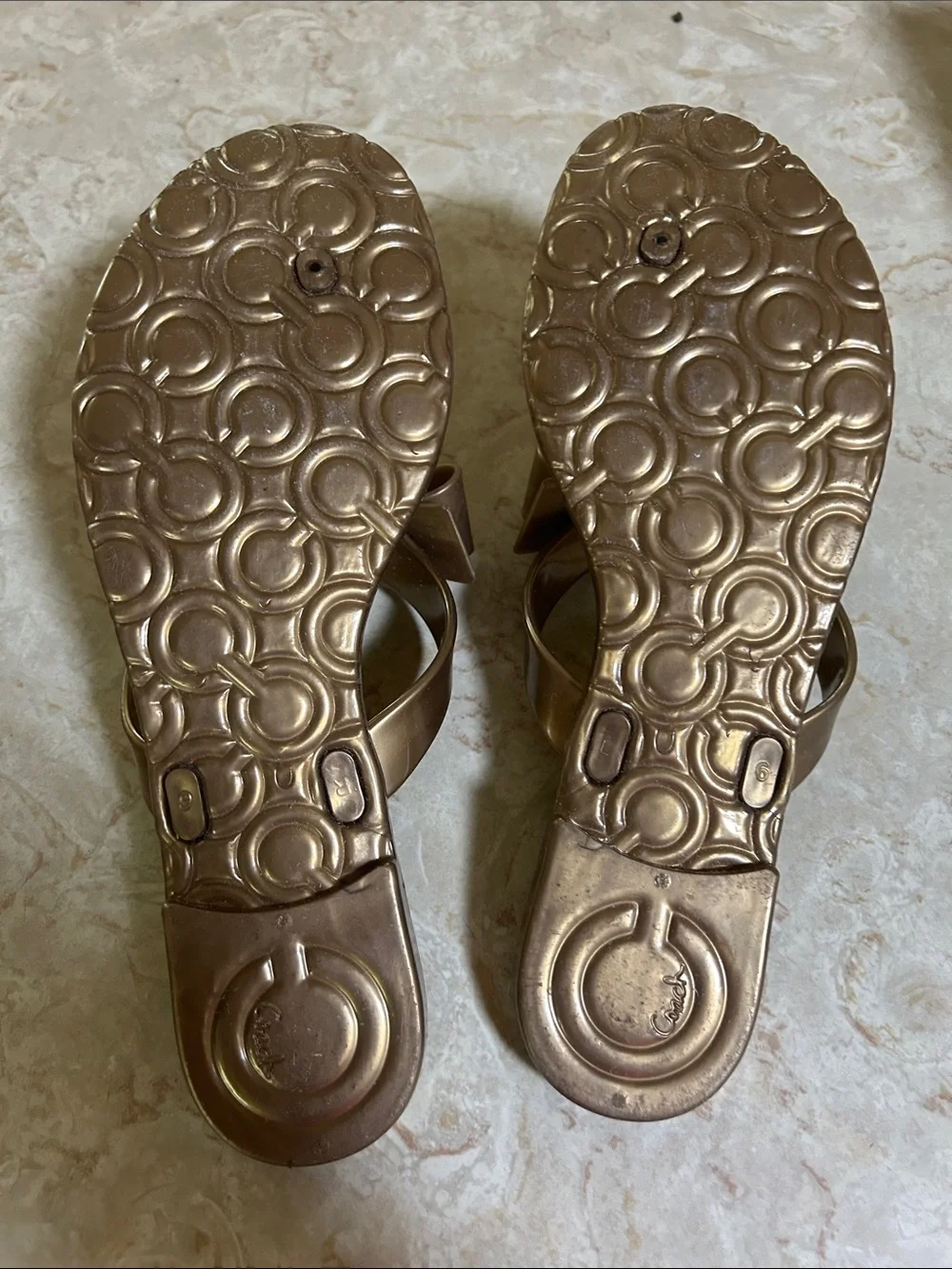 Coach Metallic Rose Gold Bow Thong Sandals